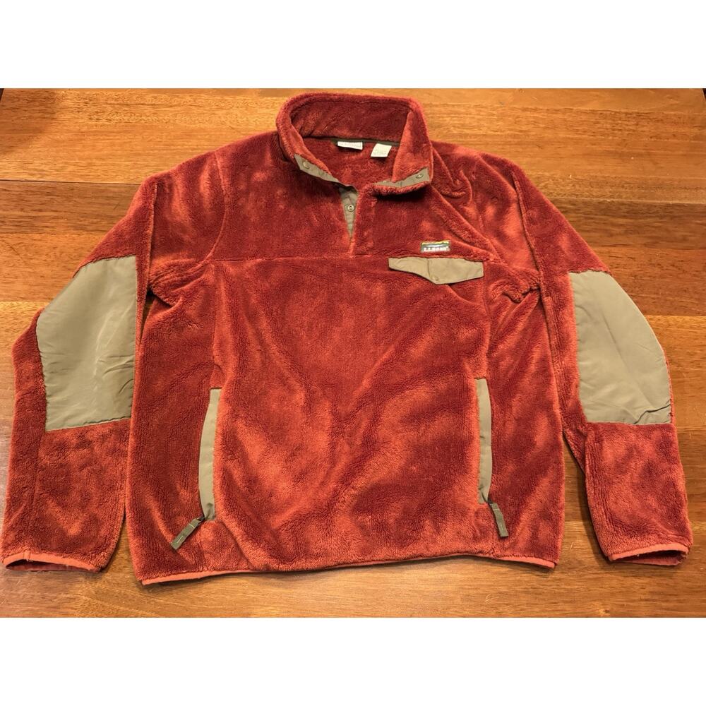 Medium L.L. Bean Hi-Pile Fleece Jacket Pullover Orange 1/4 Button Coat 505087